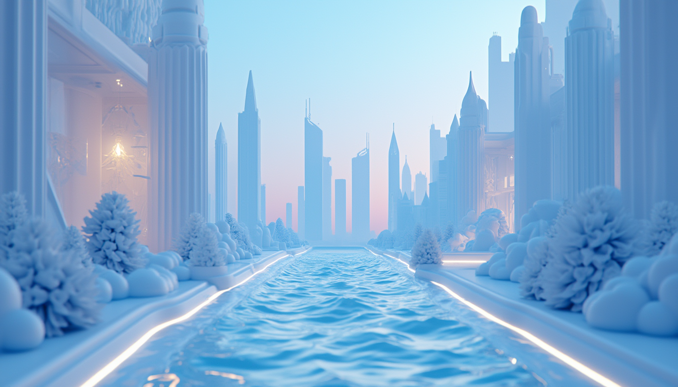 3D illustration depicting a calm urban skyline with objects symbolizing crypto presales and growth.