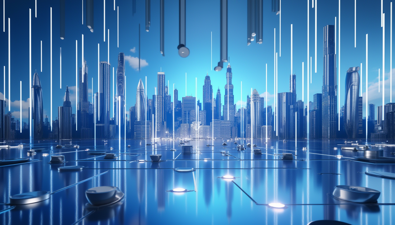 3D illustration of Morgan Stanley's cryptocurrency investments, featuring a blue gradient skyline.