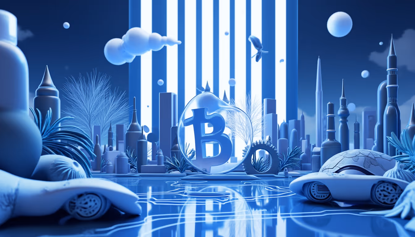 A 3D illustration showing economic growth with Bitcoin and Ethereum amid a serene blue skyline.