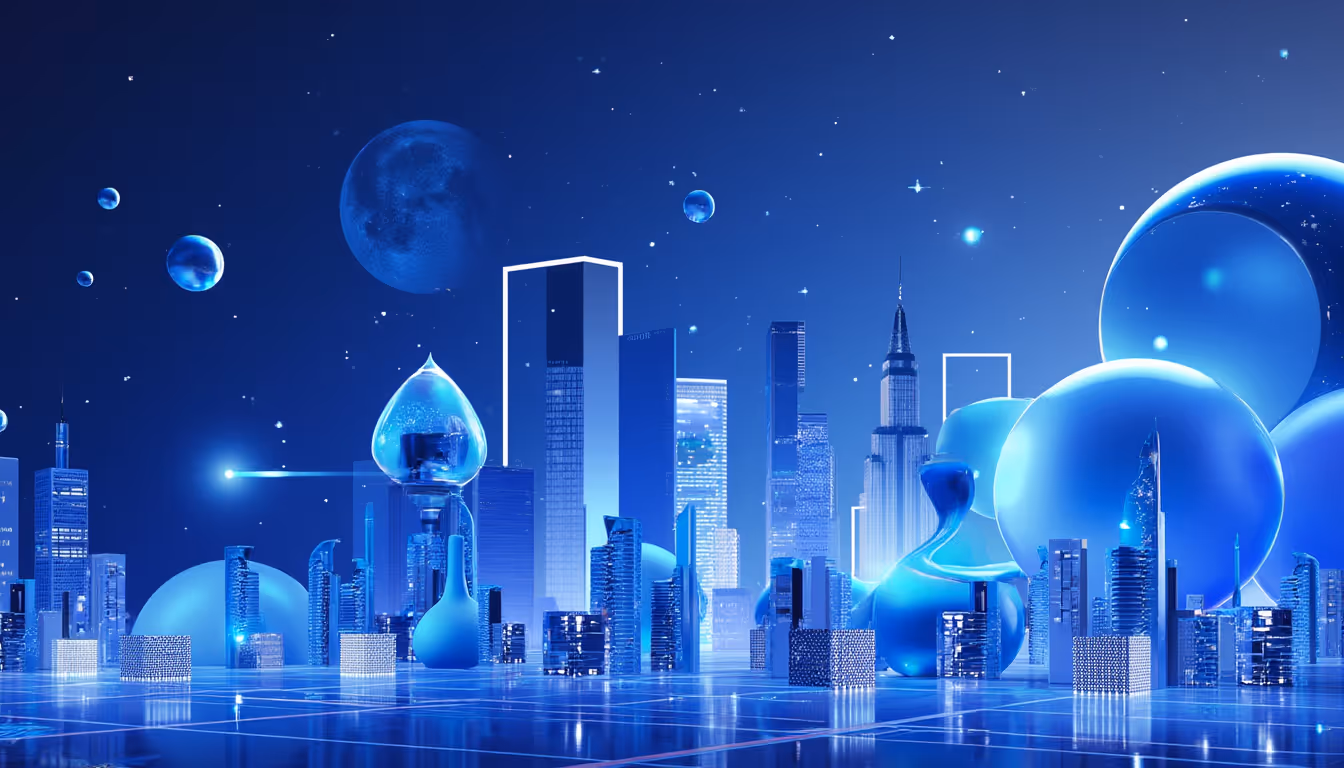 3D illustration of cryptocurrency themes with blue and white gradient, urban skyline, soft lighting.