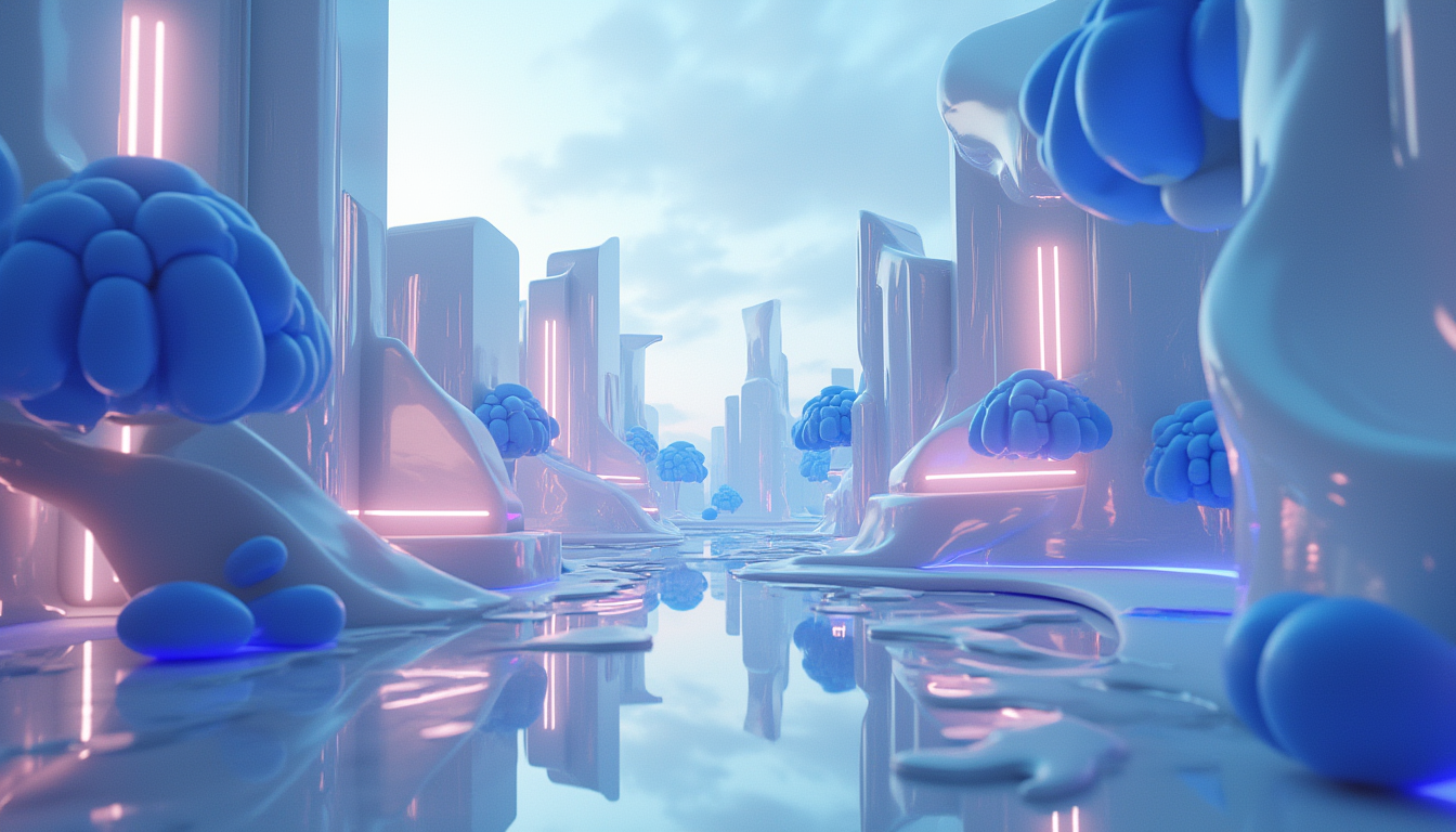 3D illustration depicting FalconX's acquisition of 21Shares in a calm, futuristic urban setting.