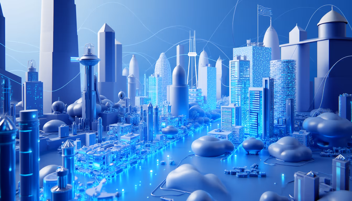 A 3D illustration depicting the x402 Protocol in a futuristic city with blue and white tones.
