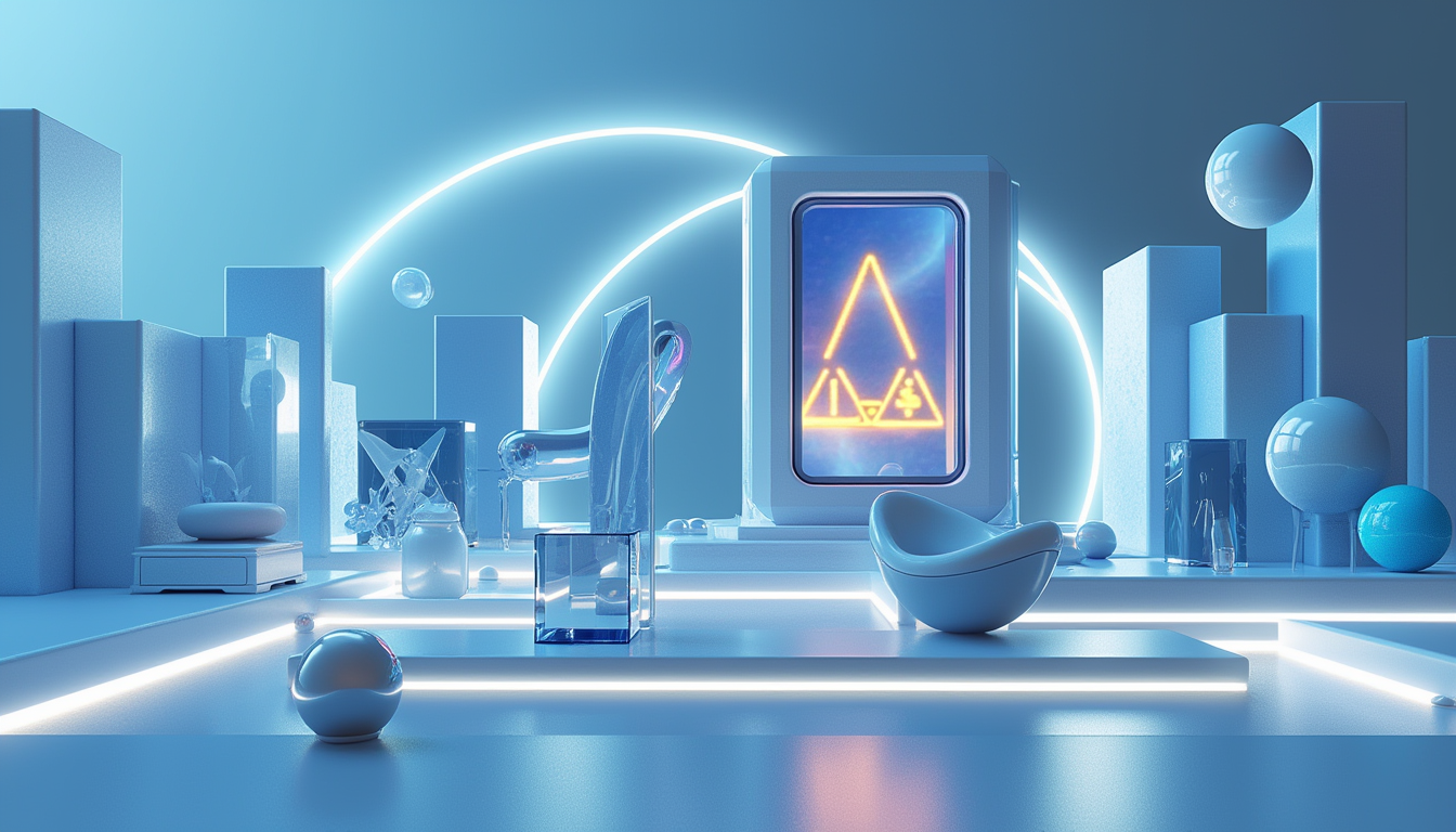 A 3D illustration of the Bittensor Staked TAO ETP, showcasing a blue and white gradient cityscape.