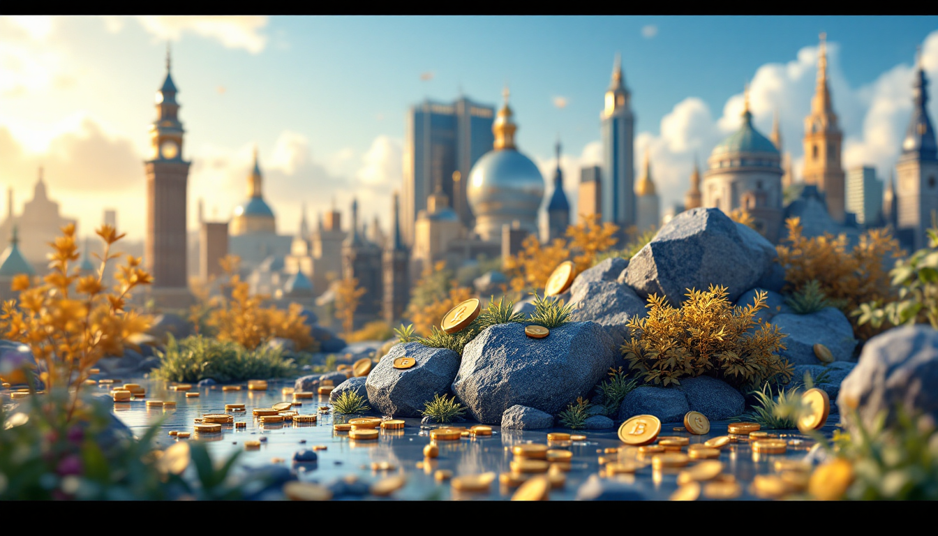 A 3D realistic illustration of low-risk crypto earning strategies in a calm urban setting.