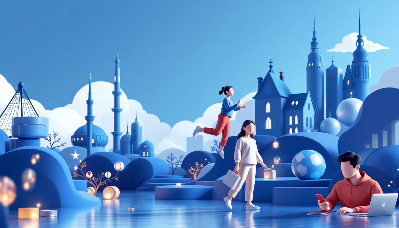 A 3D illustration showcasing RWA tokenization in real estate, with a calm urban skyline backdrop.