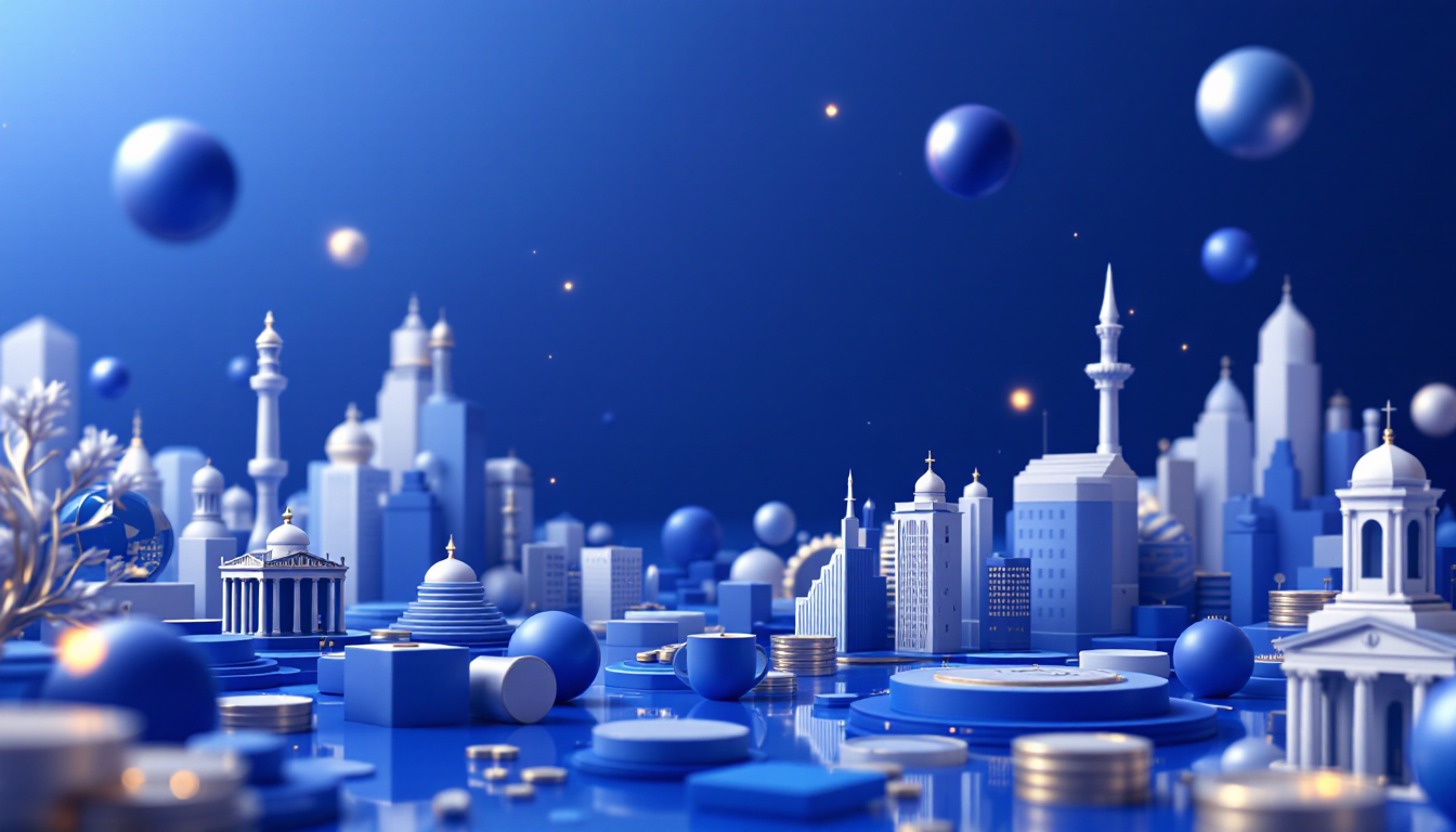 3D illustration of MoonBull ($MOBU) in futuristic urban setting, blue and white gradient background.