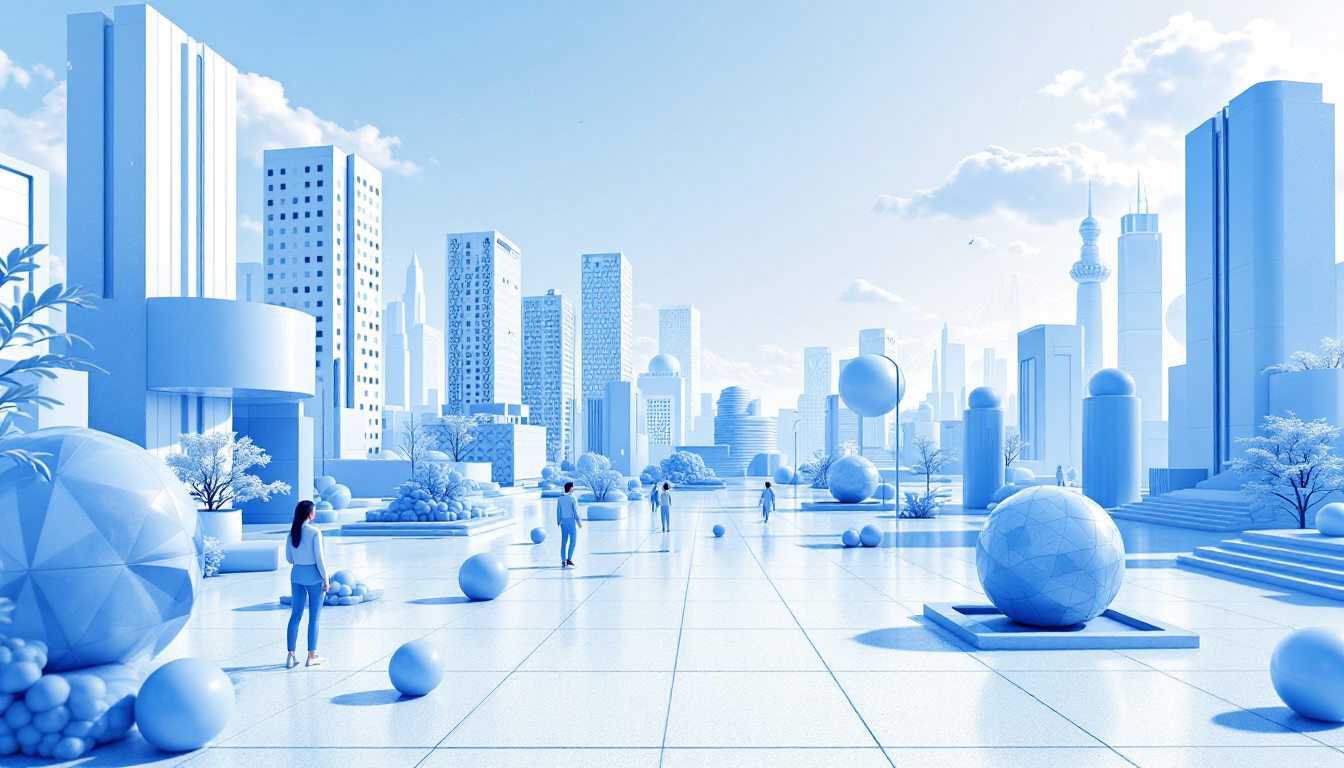 A 3D illustration showing a futuristic urban skyline with a blue to white gradient background.