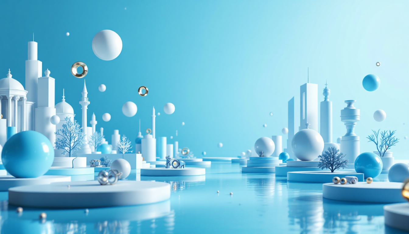 A 3D illustration showing XRP market dynamics with a blue gradient, skyline, and smooth textures.