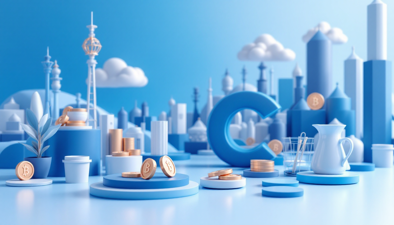A calm, 3D scene depicting CentToken and CentPay revolutionizing digital finance with urban skyline.