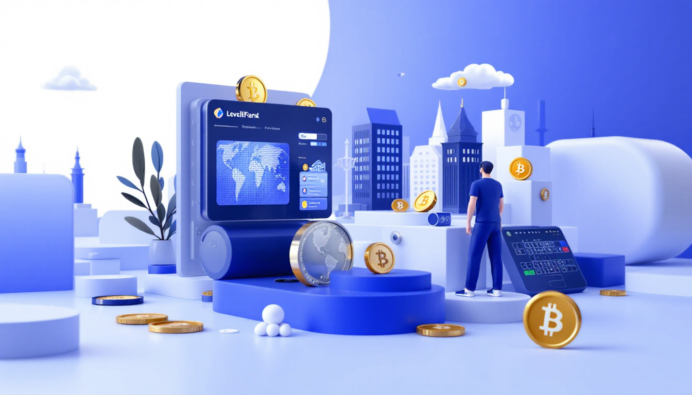 3D illustration depicting cryptocurrency banking, featuring blue and white gradient, urban skyline.