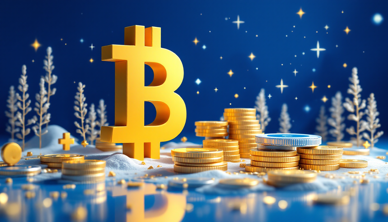 A 3D illustration depicting U.S. banks managing cryptocurrencies in a futuristic urban setting.