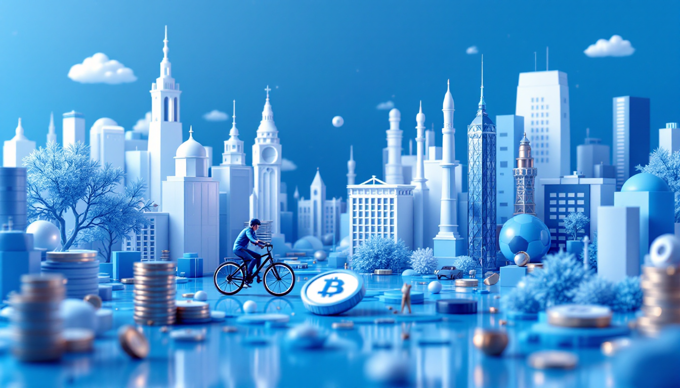 A 3D illustration of a futuristic urban scene showcasing Dogecoin's evolution with serene visuals.