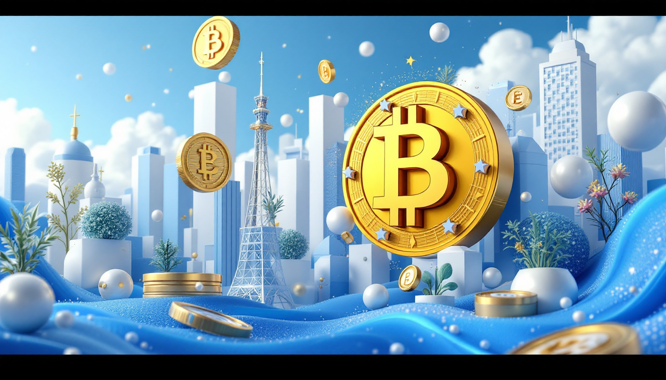 A 3D illustration depicting Deutsche Börse's EURAU stablecoin integration in a futuristic cityscape.