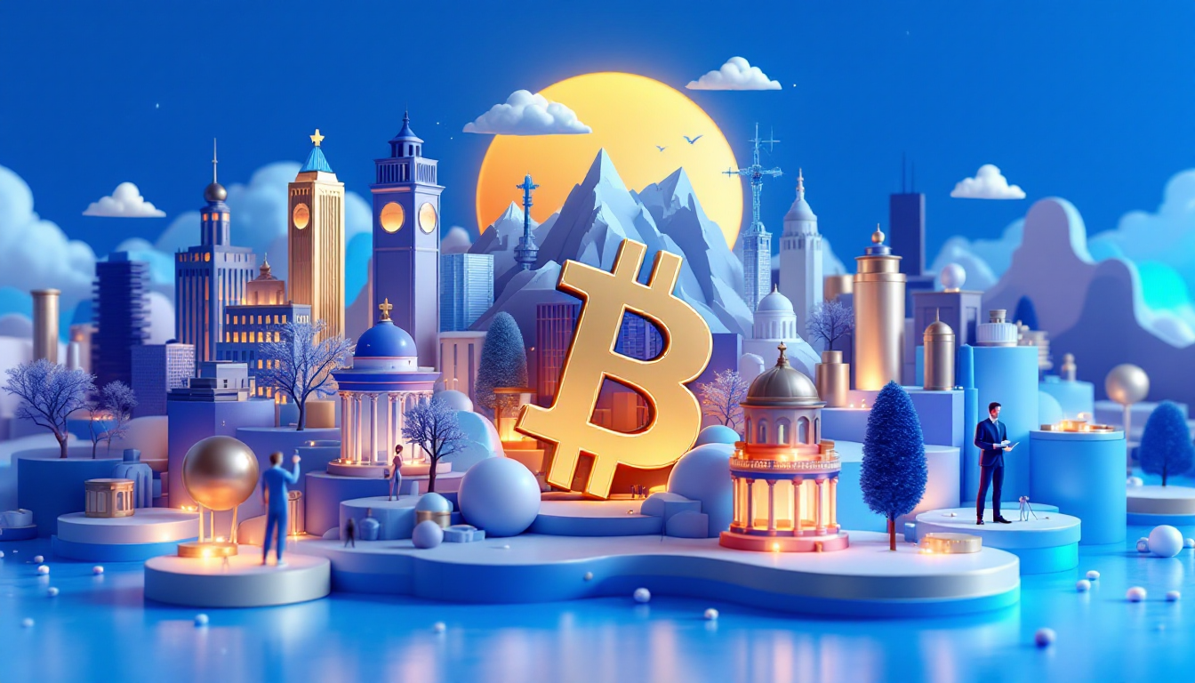 3D illustration depicting cryptocurrency landscape with blue to white gradient and elegant skyline.