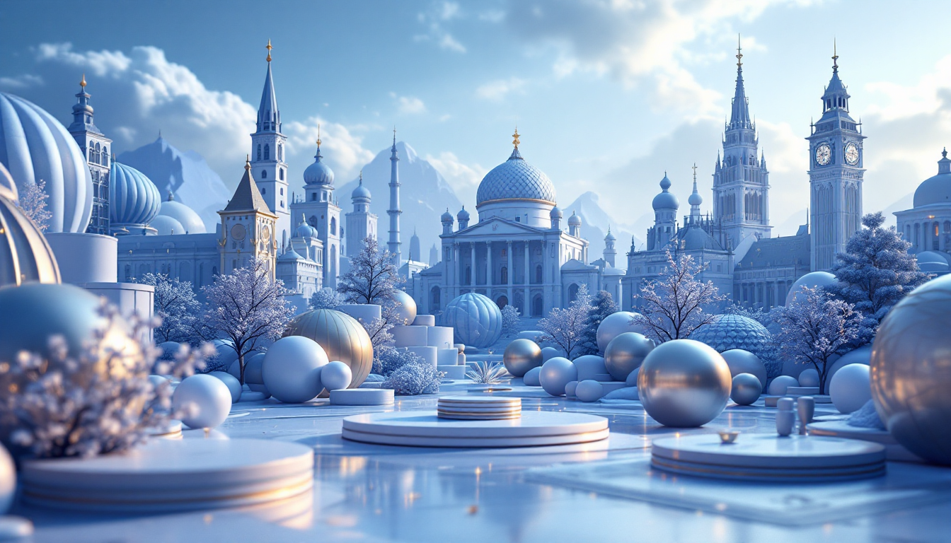 3D illustration of Ethereum's Fusaka upgrade, featuring blue and white gradient, skyline elements.