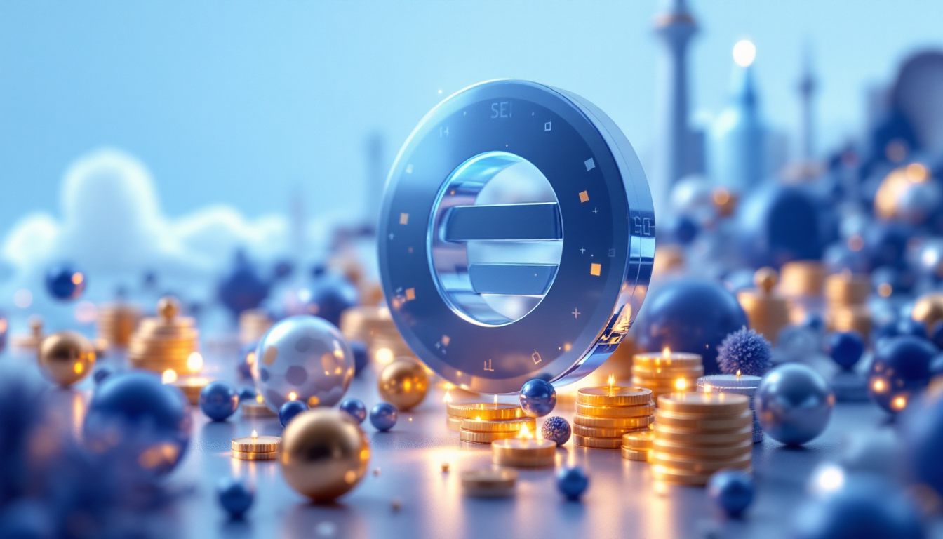 A 3D illustration of the Sei Network token (SEI) in a futuristic urban setting with soft lighting.