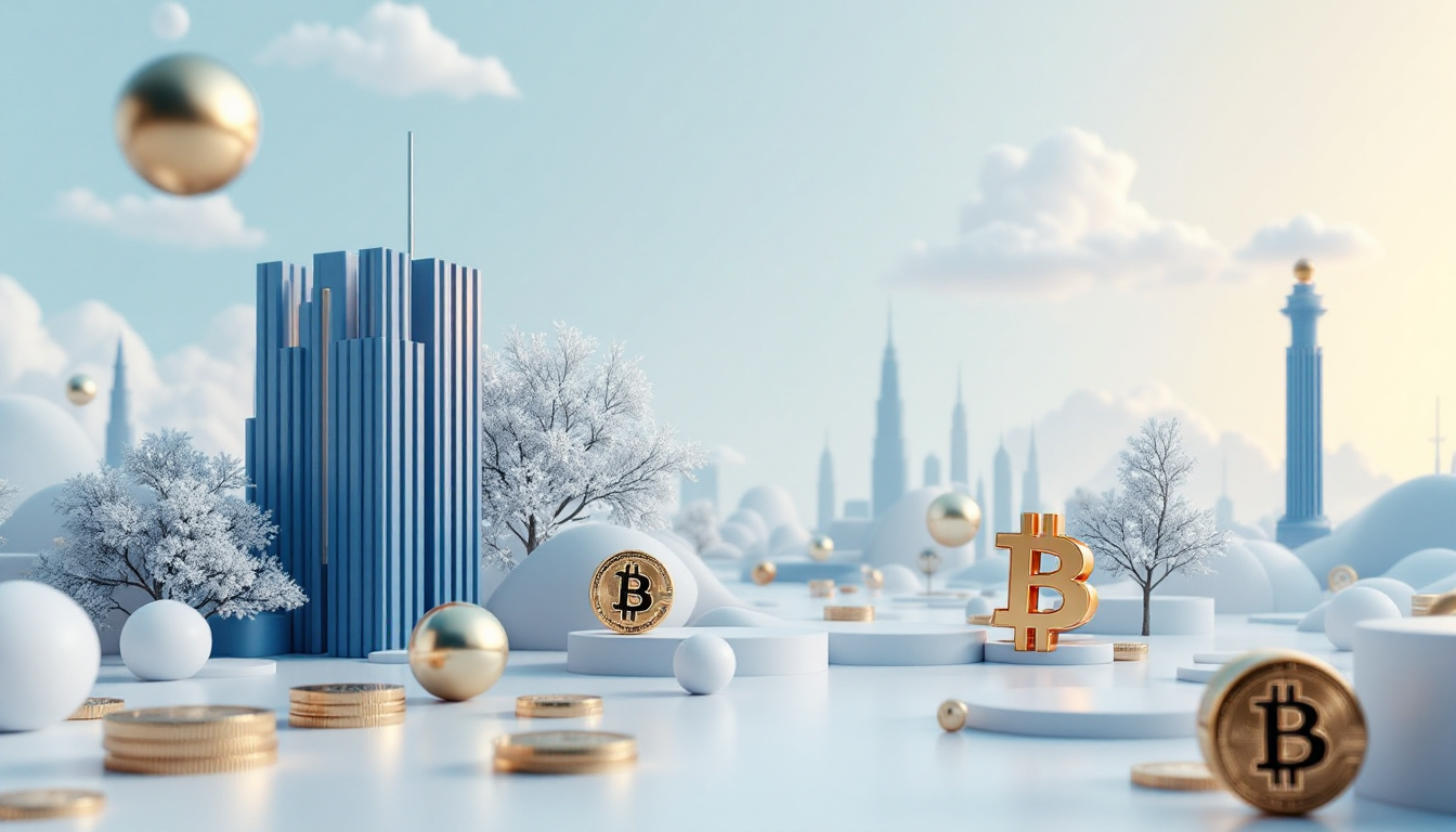 A calm 3D illustration of Bitcoin facing resistance, with a blue to white gradient background.