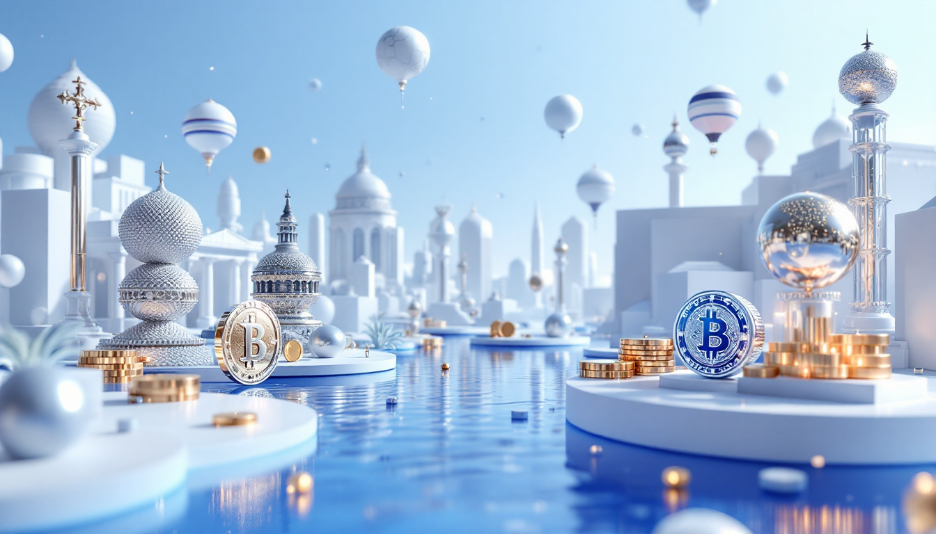 A 3D illustration of cryptocurrency whales in a futuristic urban setting with blue and white tones.