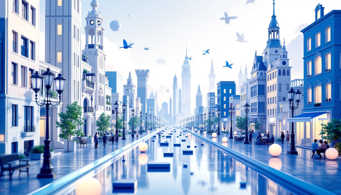 A 3D representation of Stellar XLM's investment potential with urban skyline, soft neon lighting.