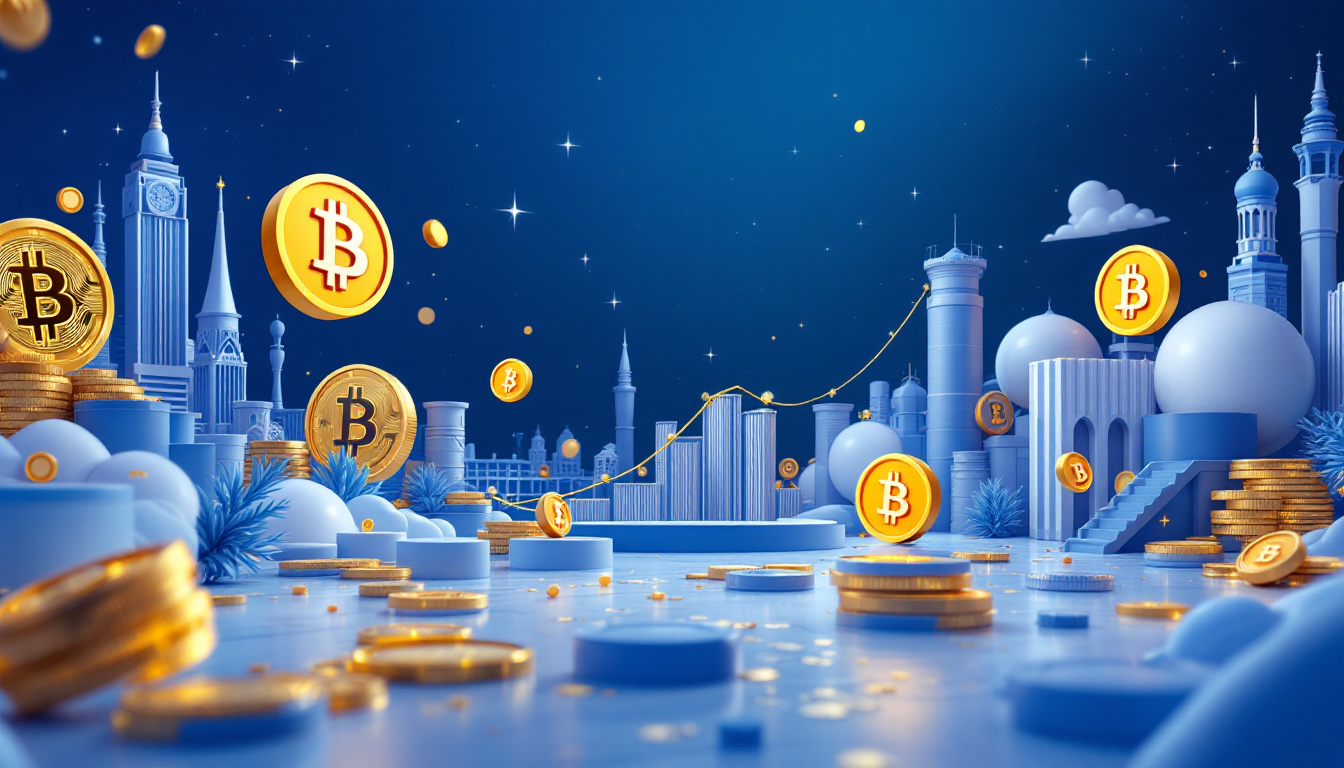 3D realistic illustration of Bitcoin's price crash with symbolic objects in a calm urban setting.