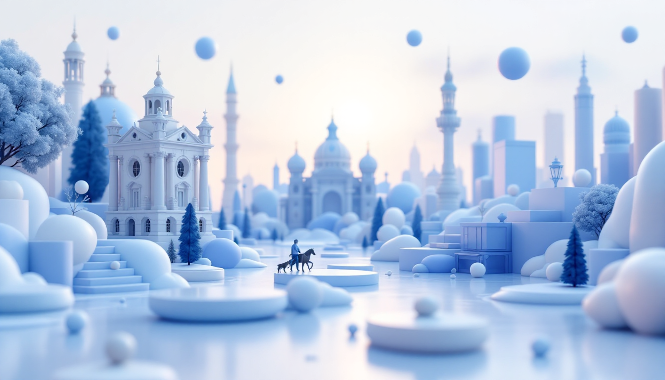 3D illustration of Chainlink showing bullish potential with a blue to white gradient and skyline.