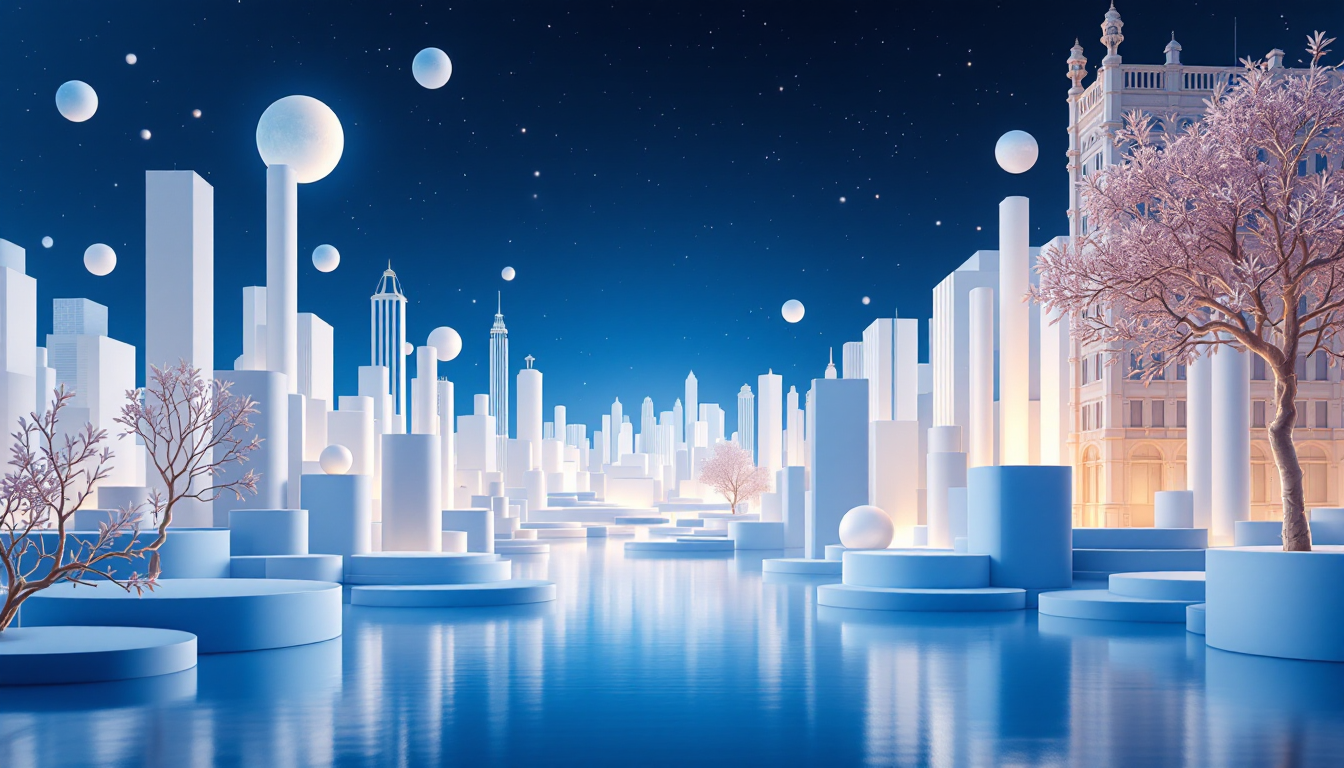 A 3D realistic image illustrating the Fusaka Ethereum upgrade with a calm, futuristic urban skyline.