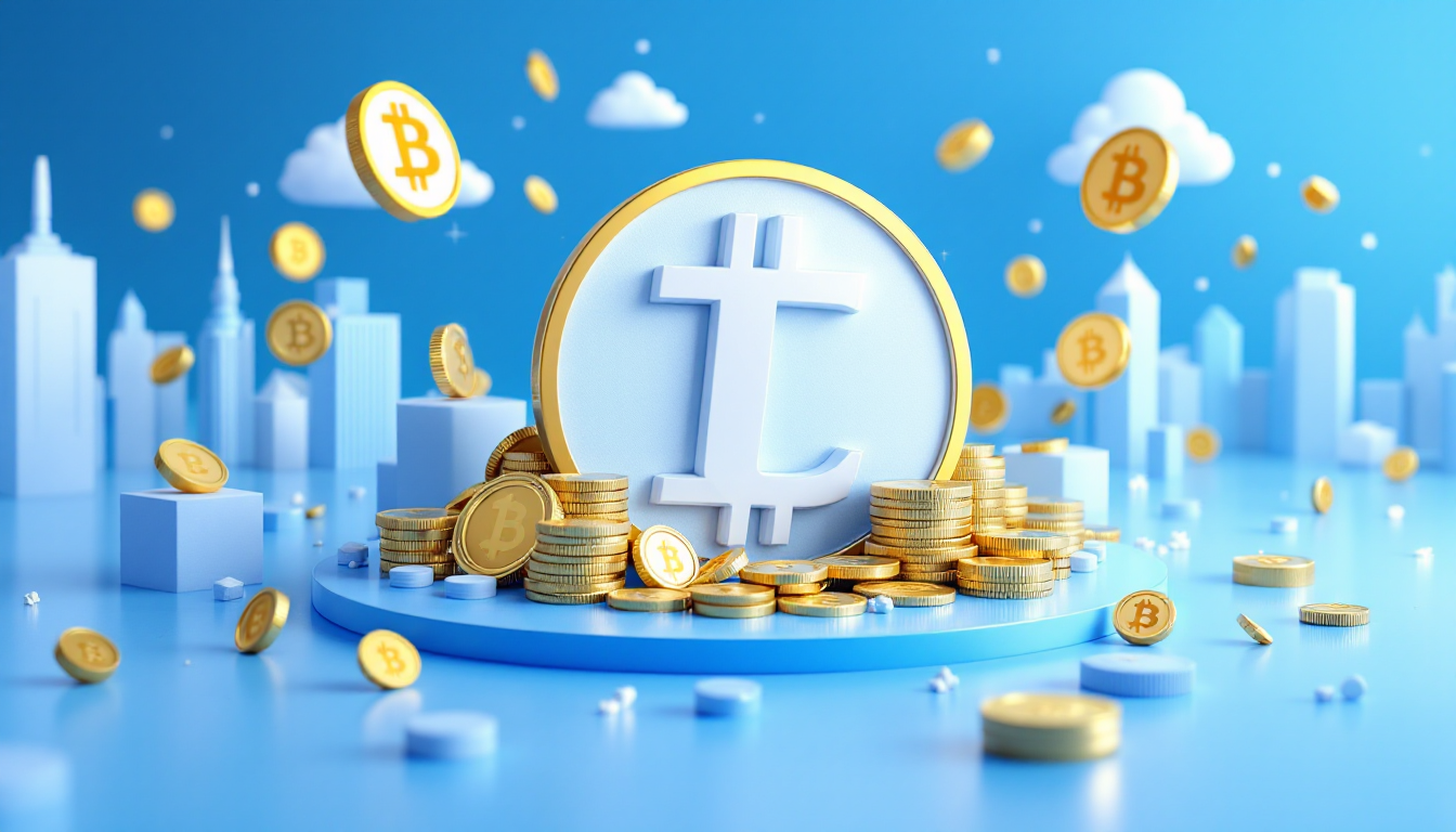 3D illustration featuring Bitcoin and gold symbols in a calming urban skyline with soft lighting.