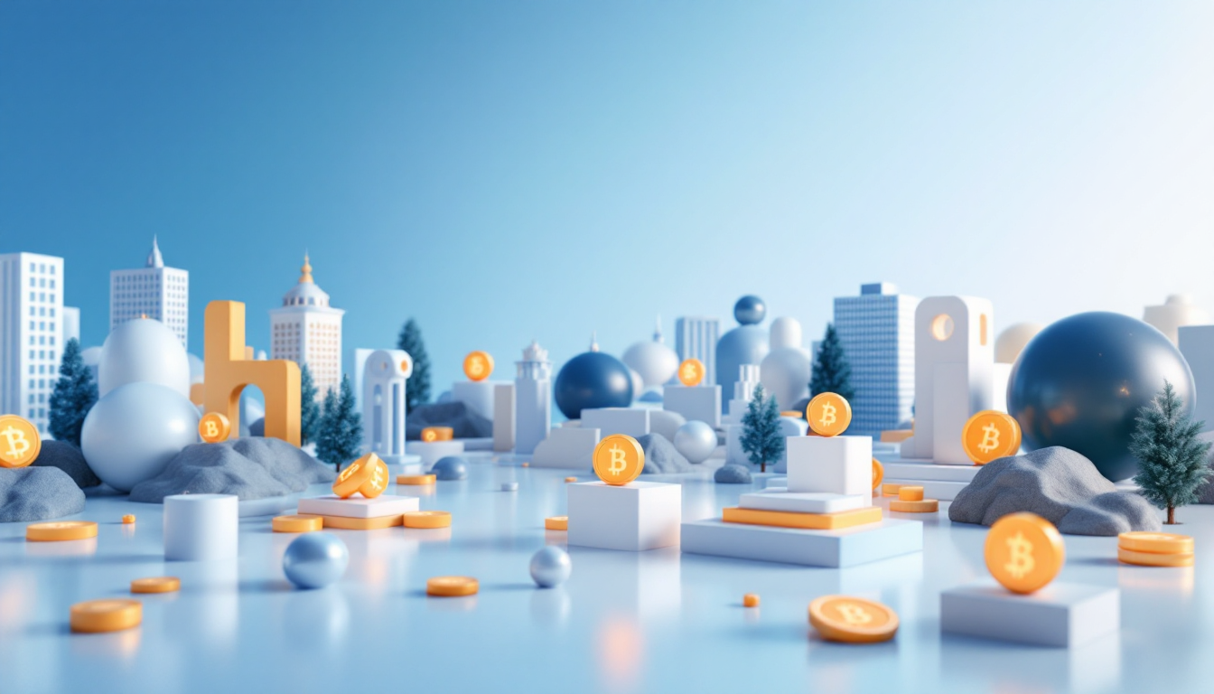 A 3D realistic illustration depicting Binance Alpha RLS in a blue to white gradient urban landscape.