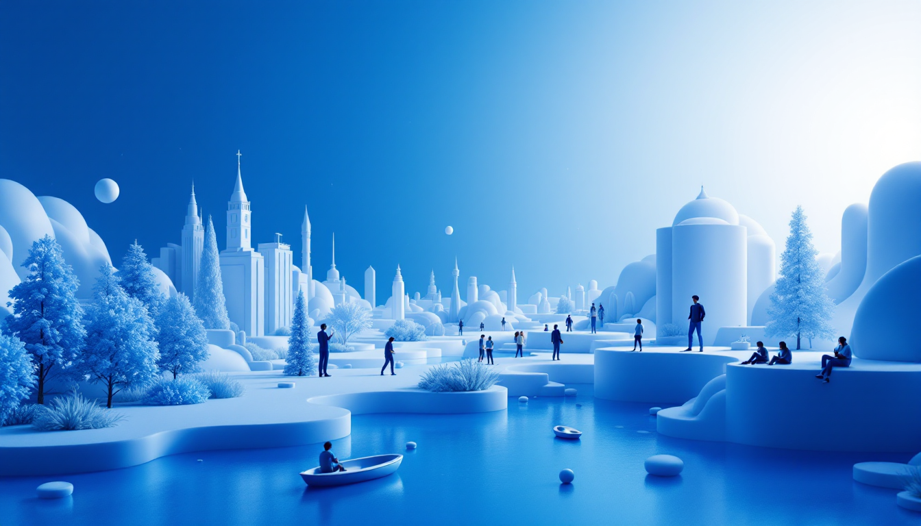 A 3D illustration of Bitcoin market shifts, featuring a blue and white gradient with urban elements.