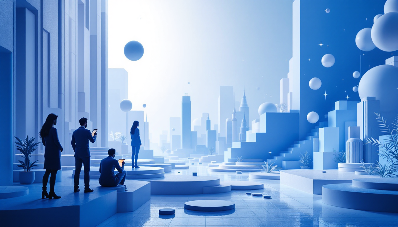 3D illustration depicting Bitcoin's market drop, set in a calm futuristic cityscape with blue hues.