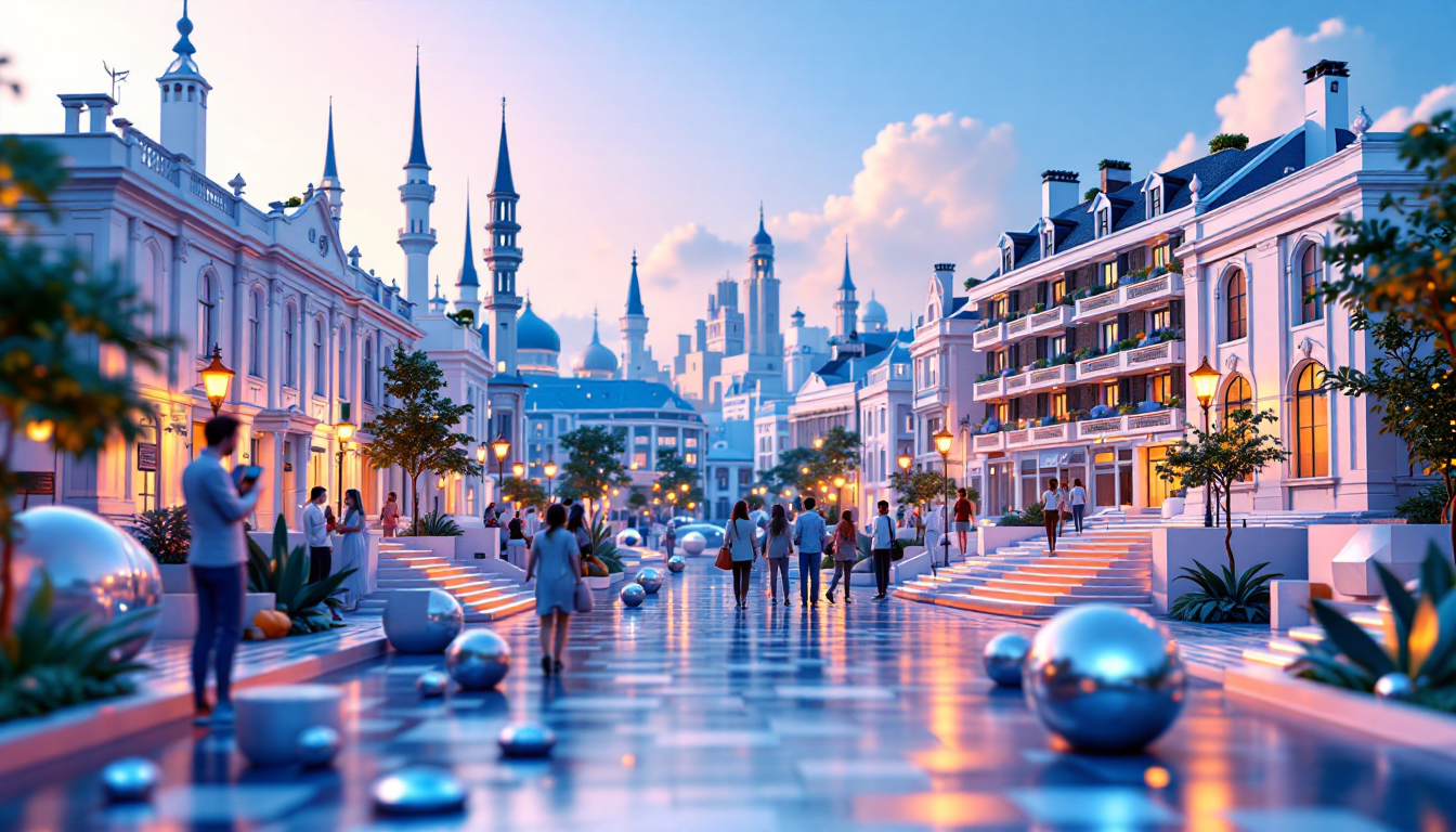 A 3D illustration of meme coin investments in a blue and white urban skyline with soft lighting.