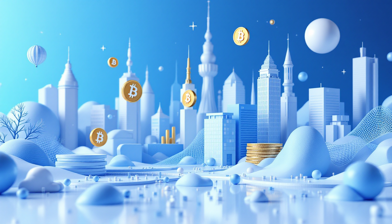 A 3D illustration depicting Bitcoin ETFs with institutional interest in a futuristic urban setting.