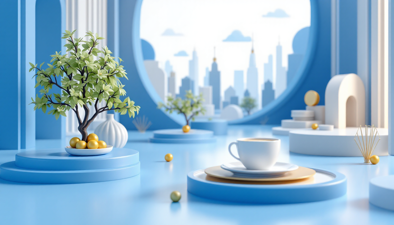 3D illustration of a calm urban scene highlighting Upbit's ENJ upgrade, with blue and white hues.