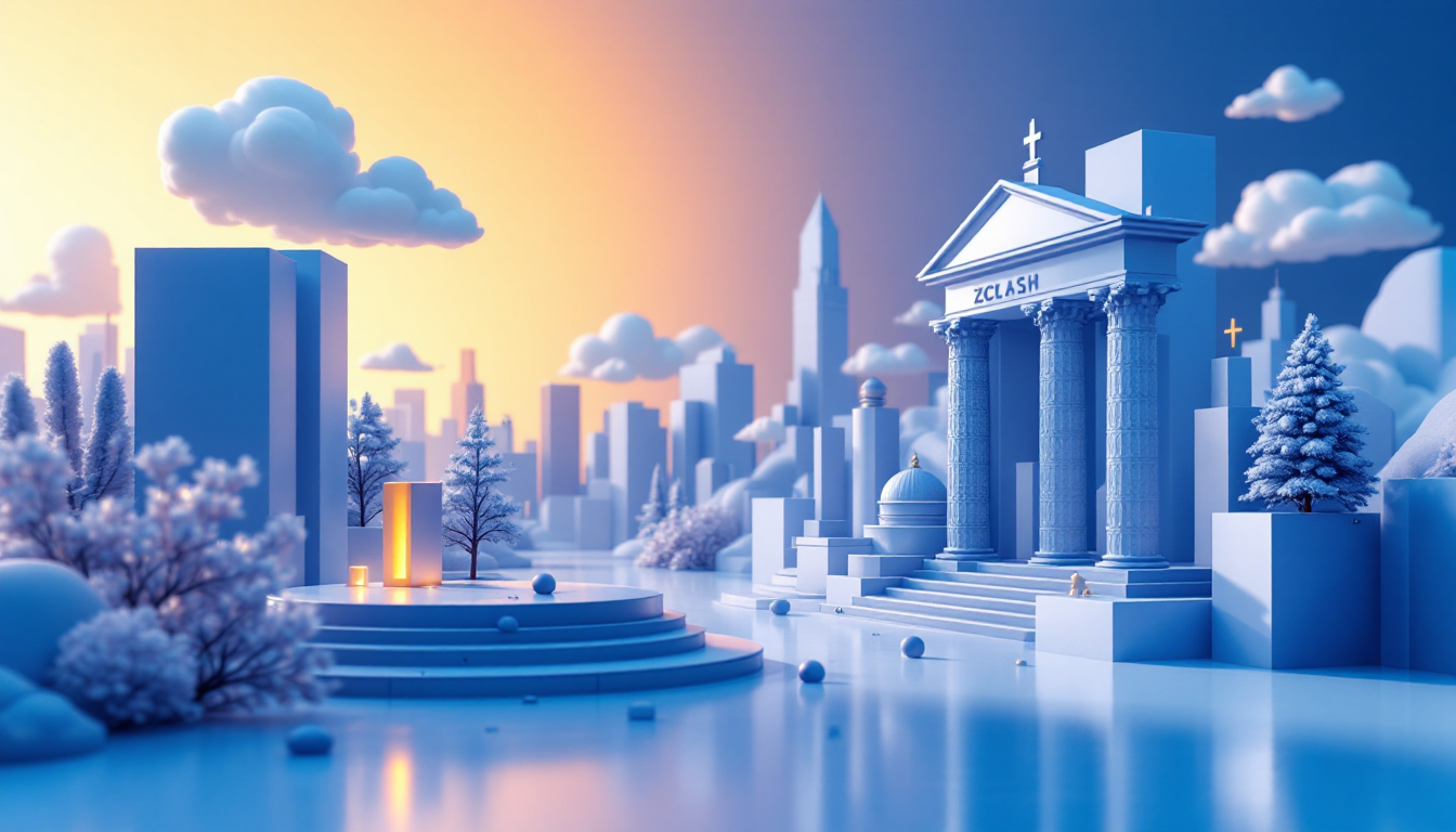 A 3D illustration depicting Zcash market volatility, featuring a blue-white gradient backdrop.