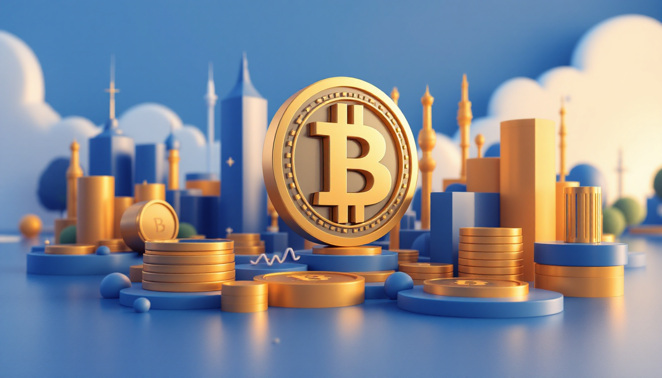 A 3D illustration of Bitcoin's market decline featuring a calm urban skyline in blue and white hues.