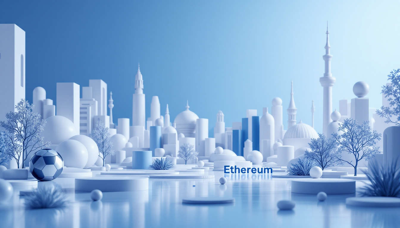 A 3D illustration depicting Ethereum price analysis with a calm blue and white gradient background.