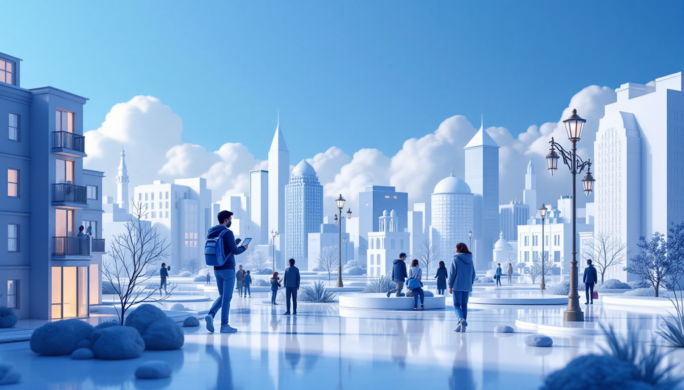 3D illustration of a calm urban scene featuring blue and white gradient, finance-themed elements.