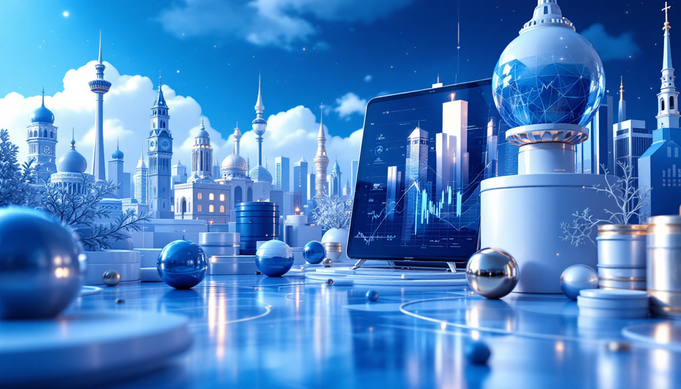 A calm, 3D illustration of XRP price analysis with blue gradient, skyline, and trading elements.