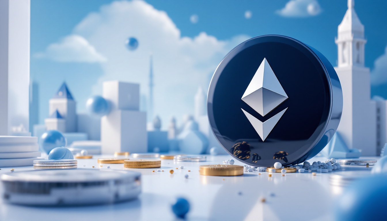 A 3D illustration depicting BlackRock's Ethereum transfer, set in a calm futuristic urban backdrop.