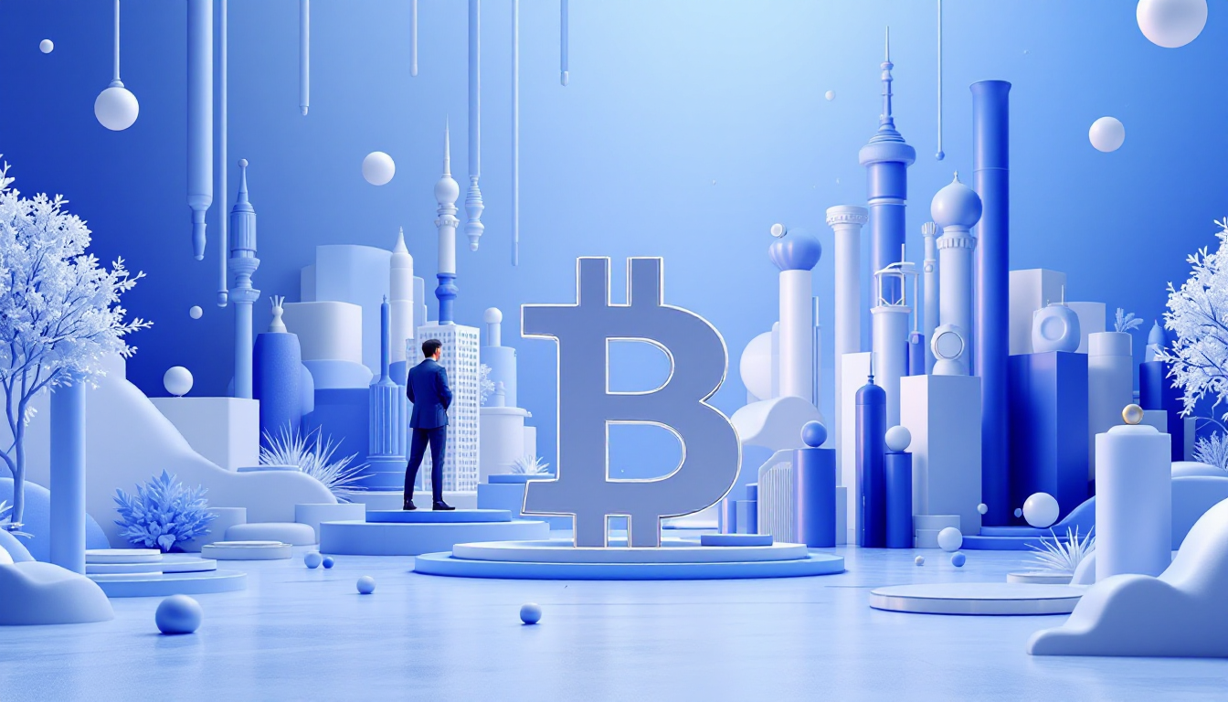 A 3D illustration depicting Bitcoin as a beacon in a volatile crypto landscape, with urban elements.