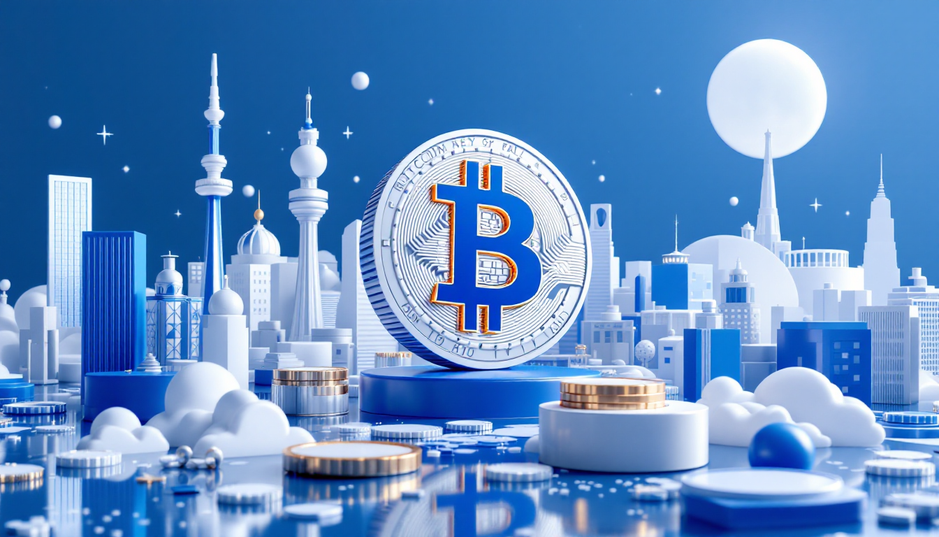 A 3D illustration of Bitcoin at $92.6K amidst a calm, futuristic urban skyline with soft lighting.