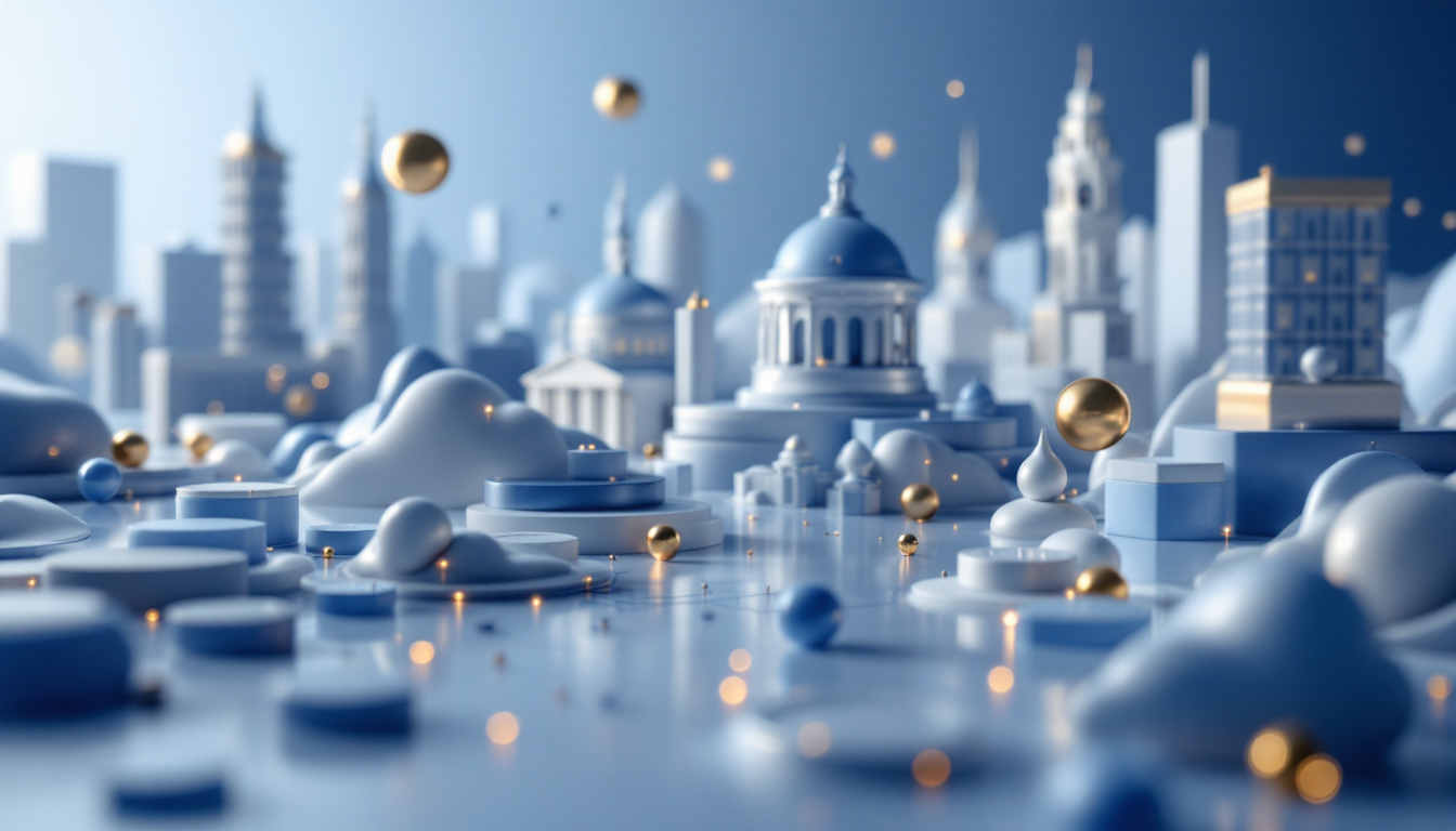 A 3D illustration depicting Tether in cryptocurrency, featuring a blue-to-white gradient skyline.