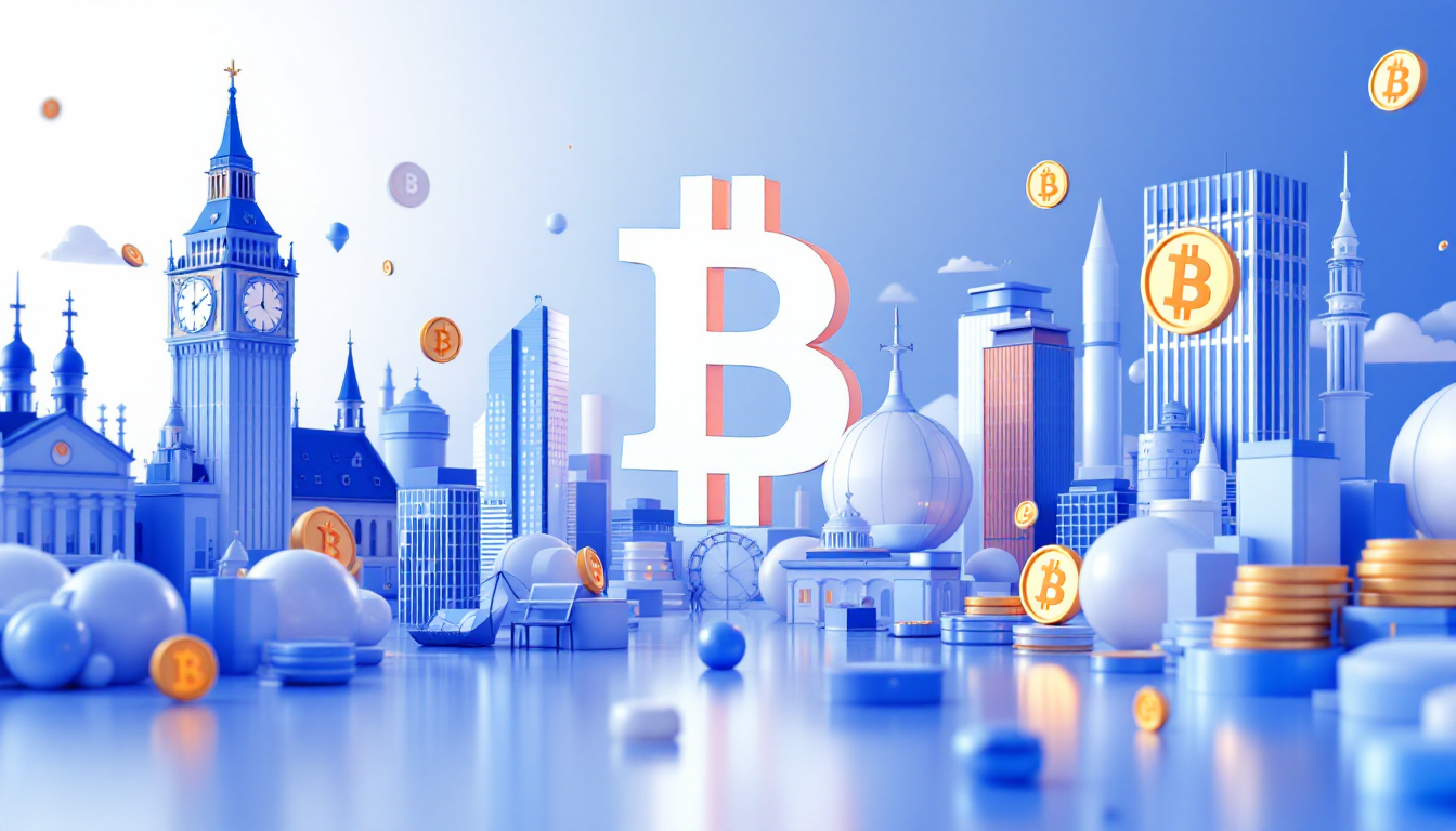 A 3D illustration depicting Larry Fink's endorsement of Bitcoin with a calm, elegant urban backdrop.