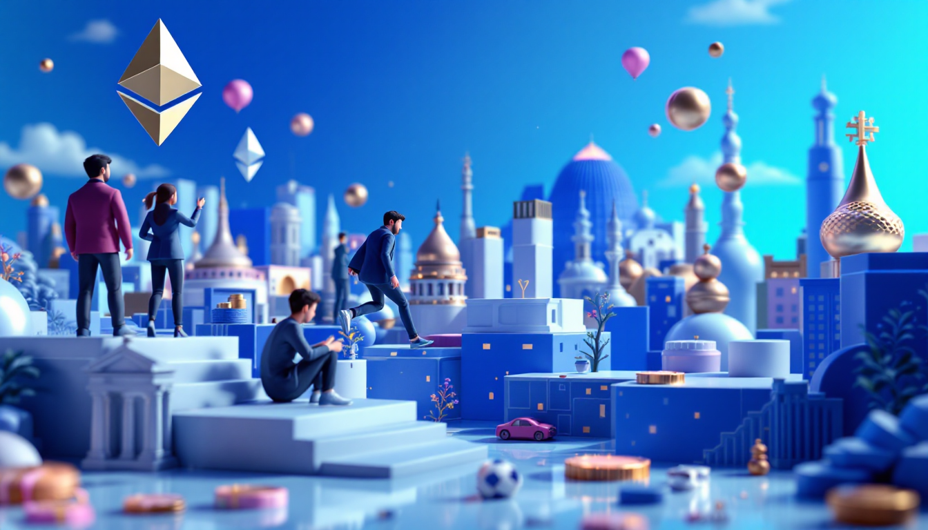 3D illustration depicting BitMine's $199 million investment in Ethereum with a calm, urban setting.