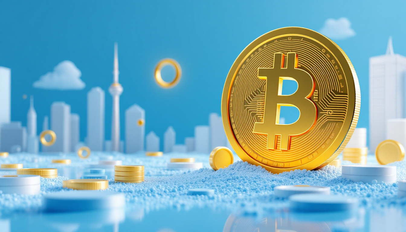 3D illustration of the National Bank of Canada investing in Bitcoin with a futuristic urban skyline.