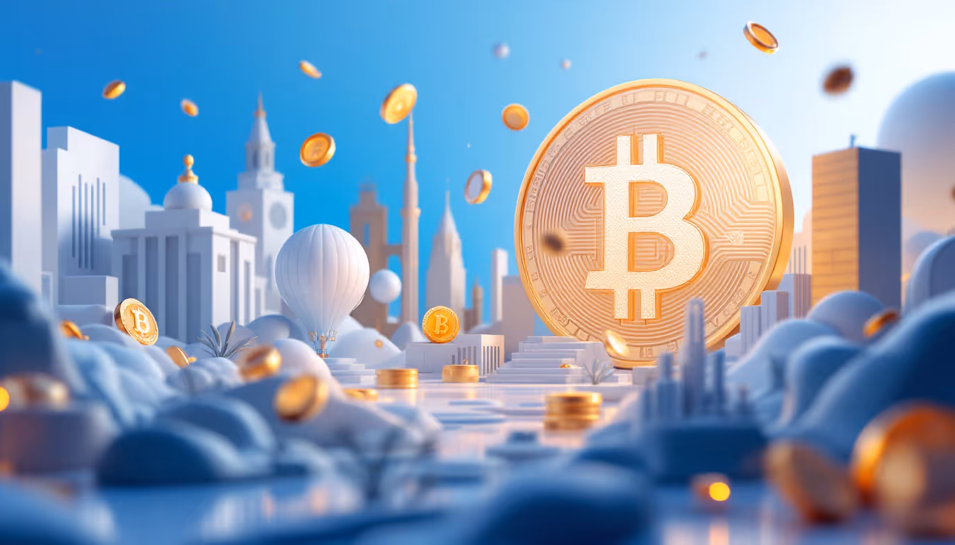A 3D illustration of France's Bitcoin reserve plan, featuring a blue to white gradient background.