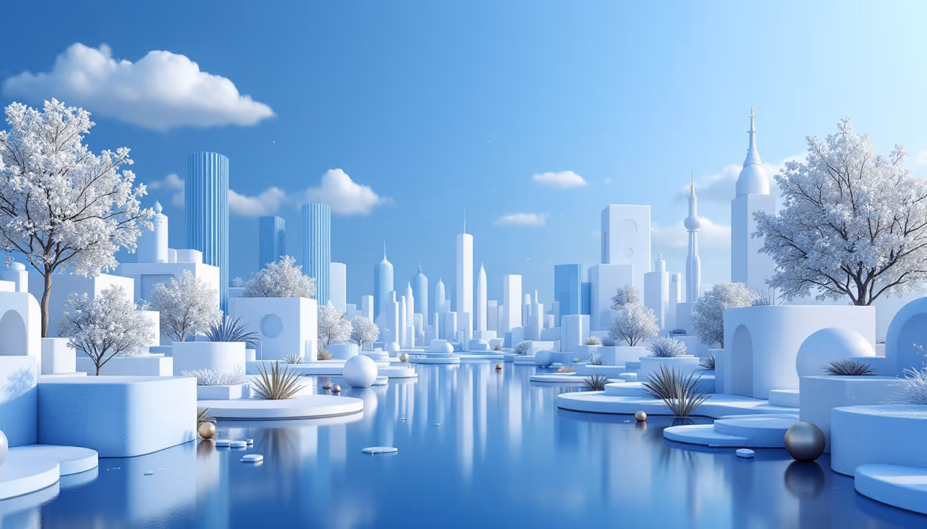 3D illustration depicting 'weaponized finance' theme with blue to white gradient and urban elements.