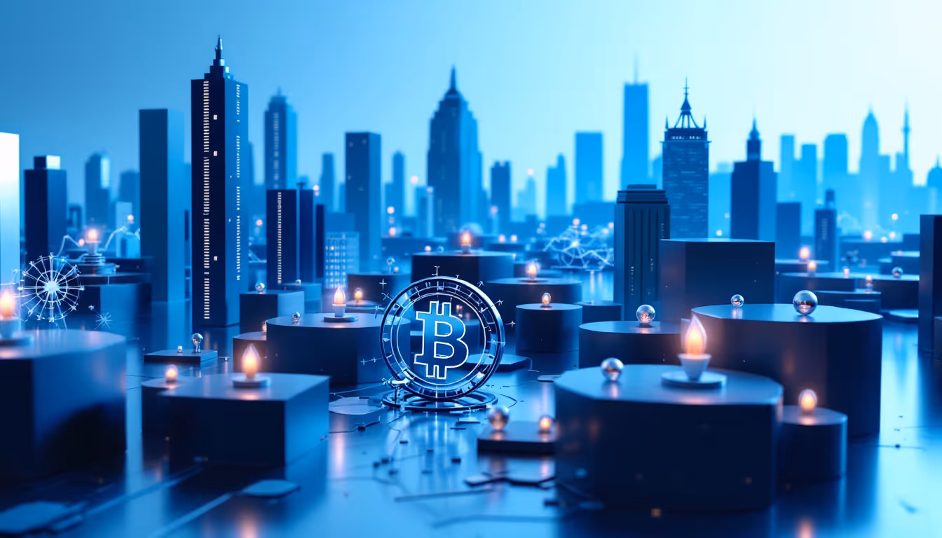 A 3D realistic illustration of U.S. banks adopting Bitcoin, set in a calm, futuristic urban skyline.
