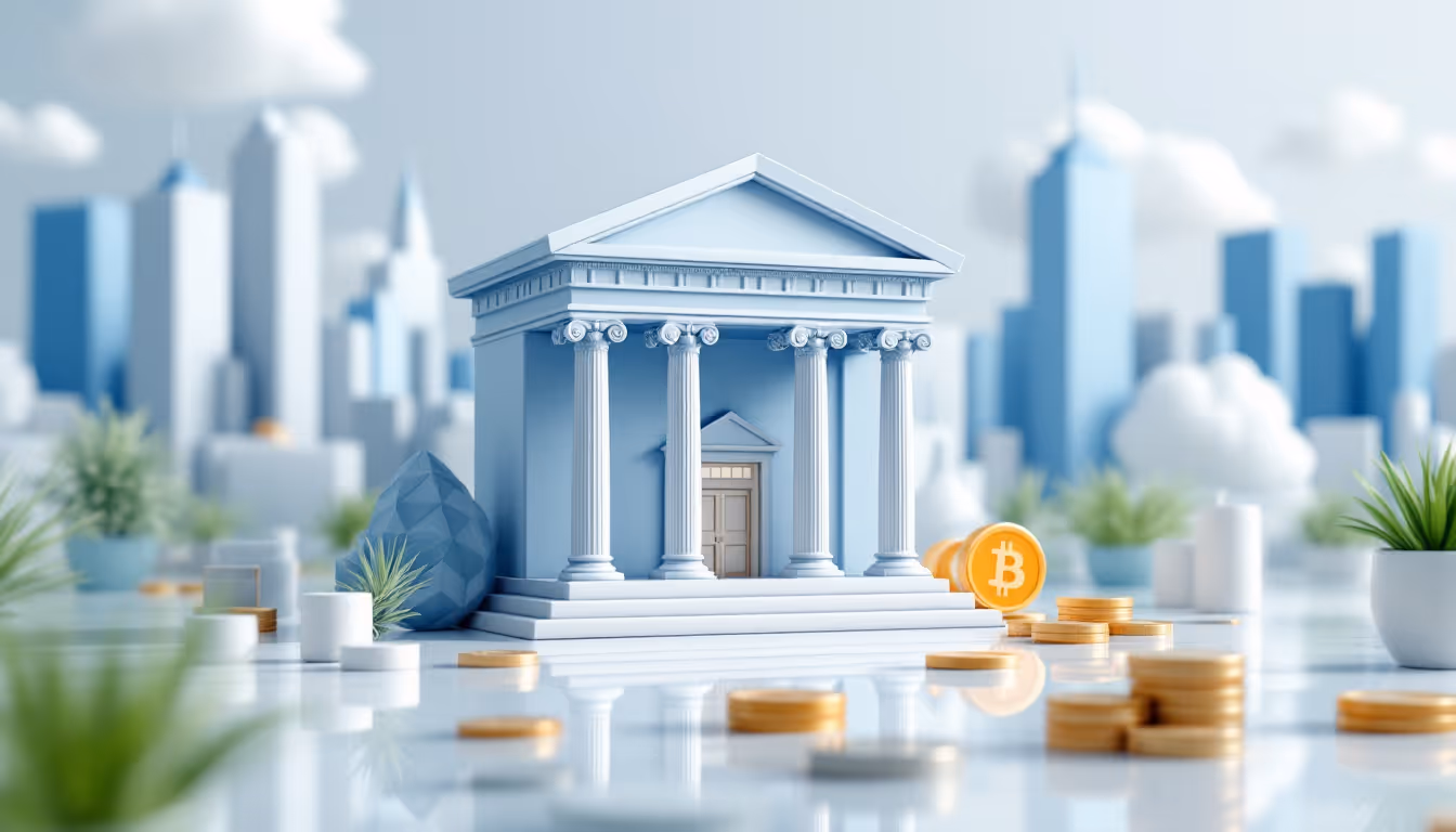 A 3D illustration of a banking scandal with symbolic objects in a calm, urban environment.