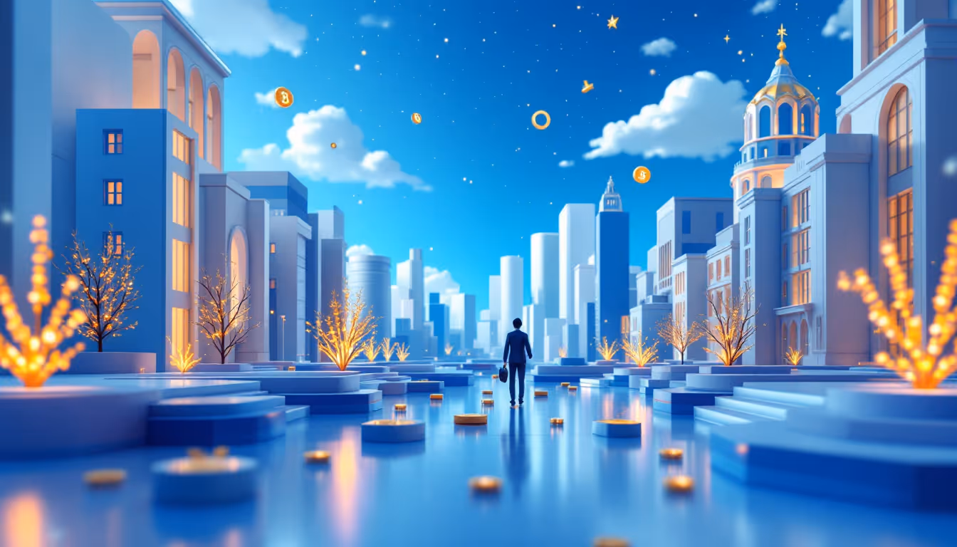 3D illustration of crypto custody options, featuring a blue gradient background and urban elements.